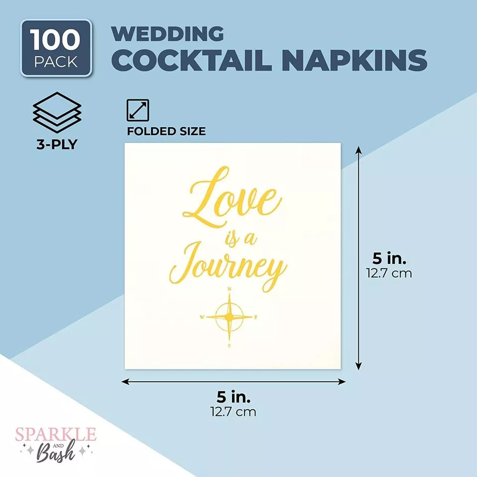 100 Wedding Cocktail Napkins - "Love is a Journey" Gold Foil, 5 x 5 in