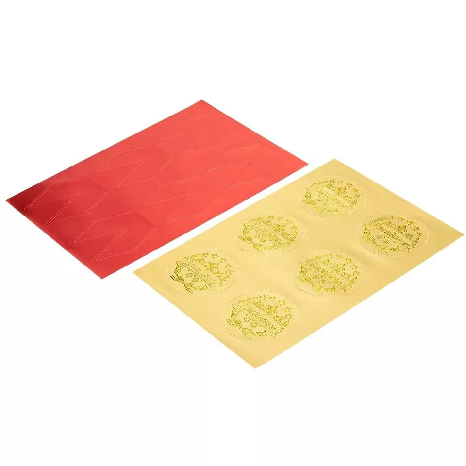 48 Gold Star Certificate Seals with 48 Red Ribbon Stickers