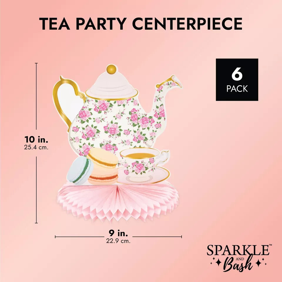 6 Pack Floral Teapot Honeycomb Decorations - 11 in, for Birthday Tea Party