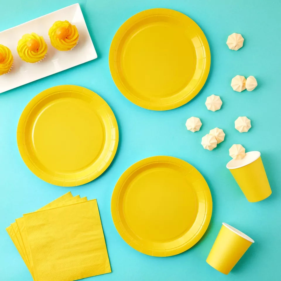 Yellow Party Supplies Set - 72 Pieces with Paper Plates, Cups, and Napkins, Serves 24