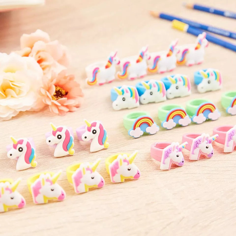 24-Pack Rubber Rainbow Unicorn Toy Rings for Girls Birthday Party Favors Gifts