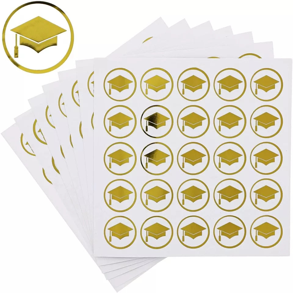 200 Pack 1" Gold Graduation Cap Stickers, Grad Hat Labels, Invitation Seals