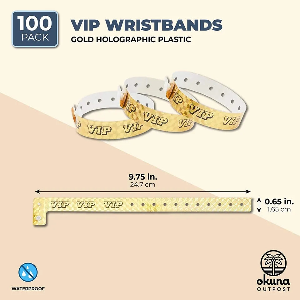 100-Pack Gold Holographic VIP Wristbands - Plastic Bracelets, 9.75 x 0.65 Inches