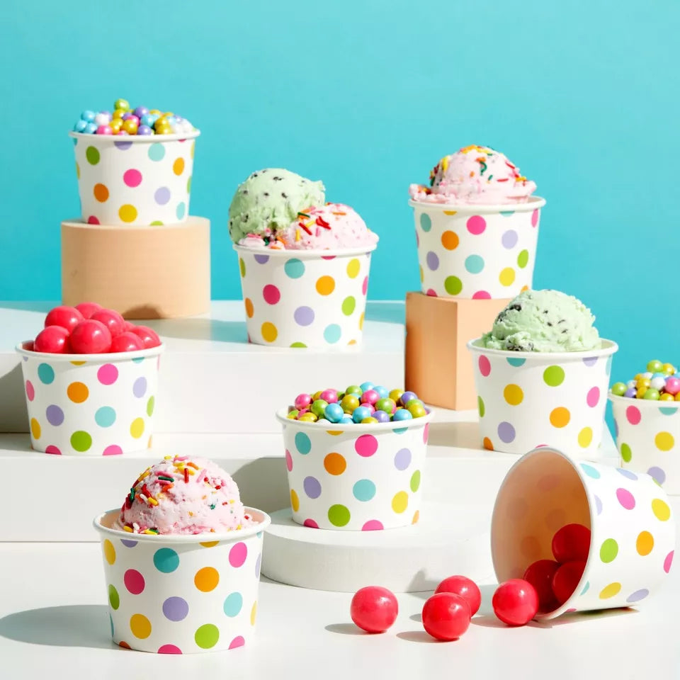 50 Pack Polka Dot Ice Cream Sundae Cups - 8 oz Disposable Frozen Dessert Bowl