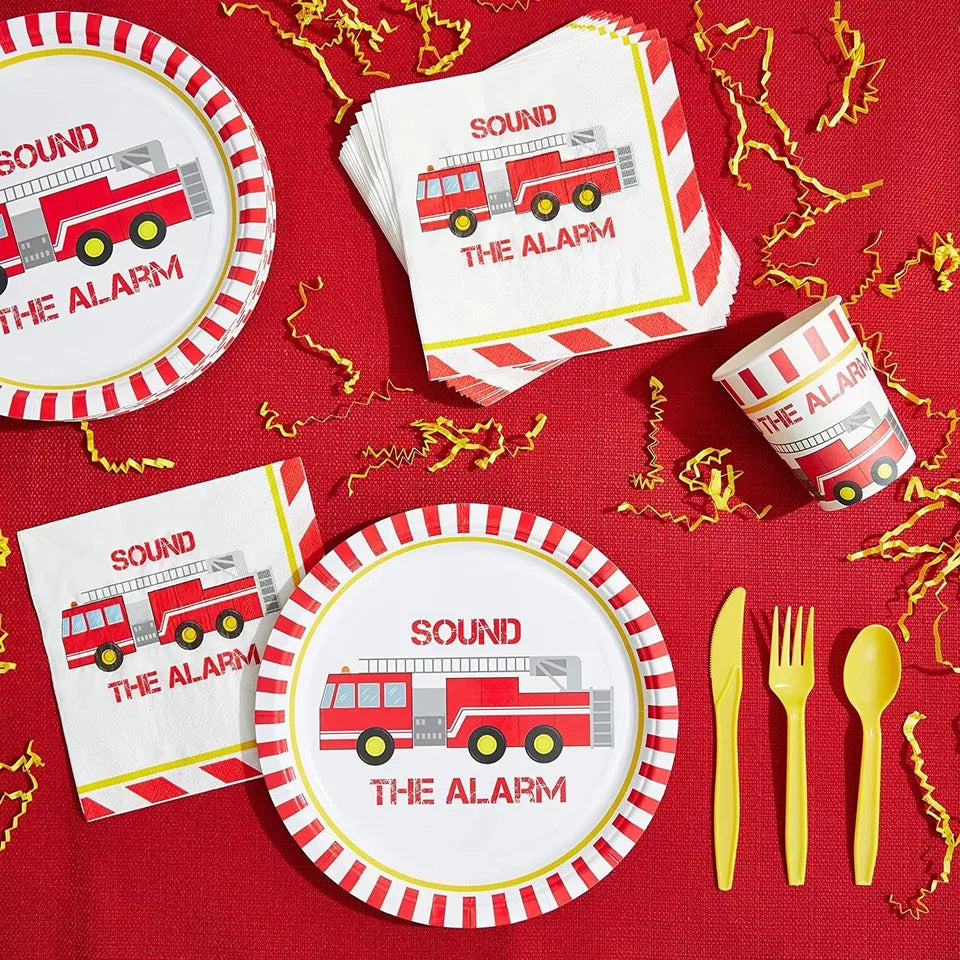 144 Pcs Fire Truck Birthday Party Supplies Disposable Dinnerware Decor Serves 24