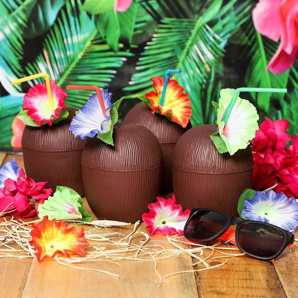 12 Plastic Coconut Cup with Straws Flowers for Hawaiian Luau Party Drink, 16 Oz