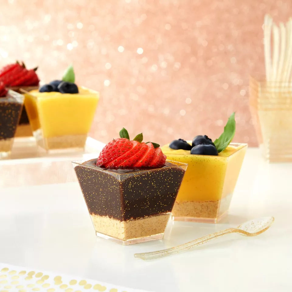 Gold Glitter Square Mini Plastic Dessert Cups with Spoons - 100 Pack, 2 oz