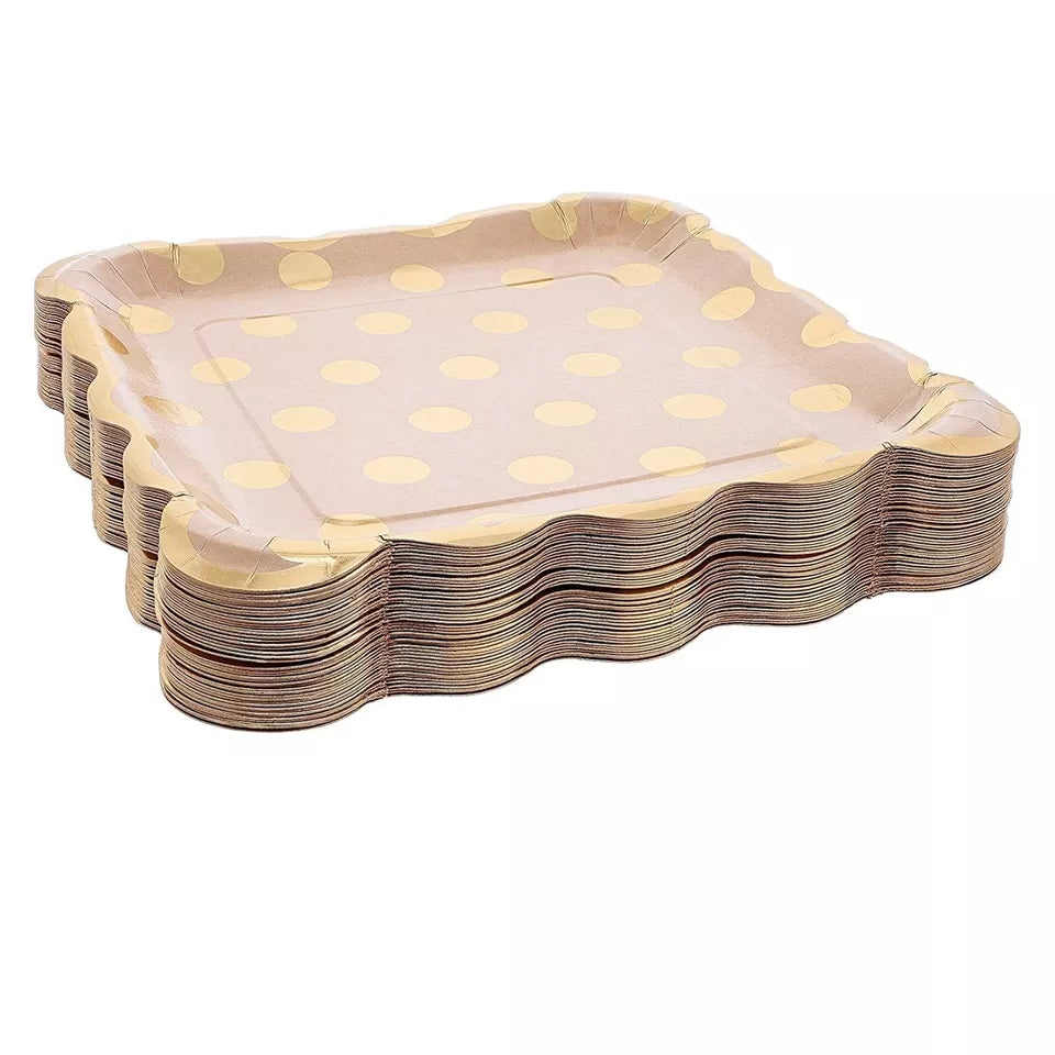 48-Pack Kraft Disposable Plates Decorative Plates with Gold Foil Dots for Party