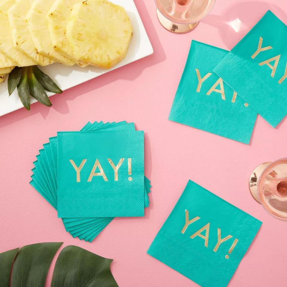 50 Teal Paper Napkins with Gold Foil "YAY" - 3-Ply, 5 x 5 in, Party Supplies