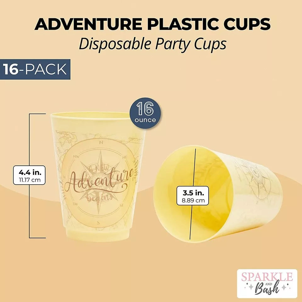 Plastic Party Cups, A New Adventure Begins (Yellow, 16 oz, 16 Pack)