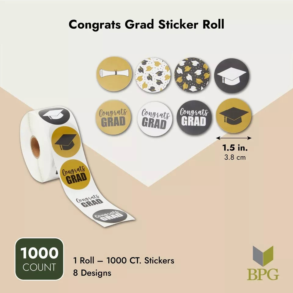 1000 Pack Graduation Stickers - 8 Designs, 1.5 inch, for Invitations and Seals