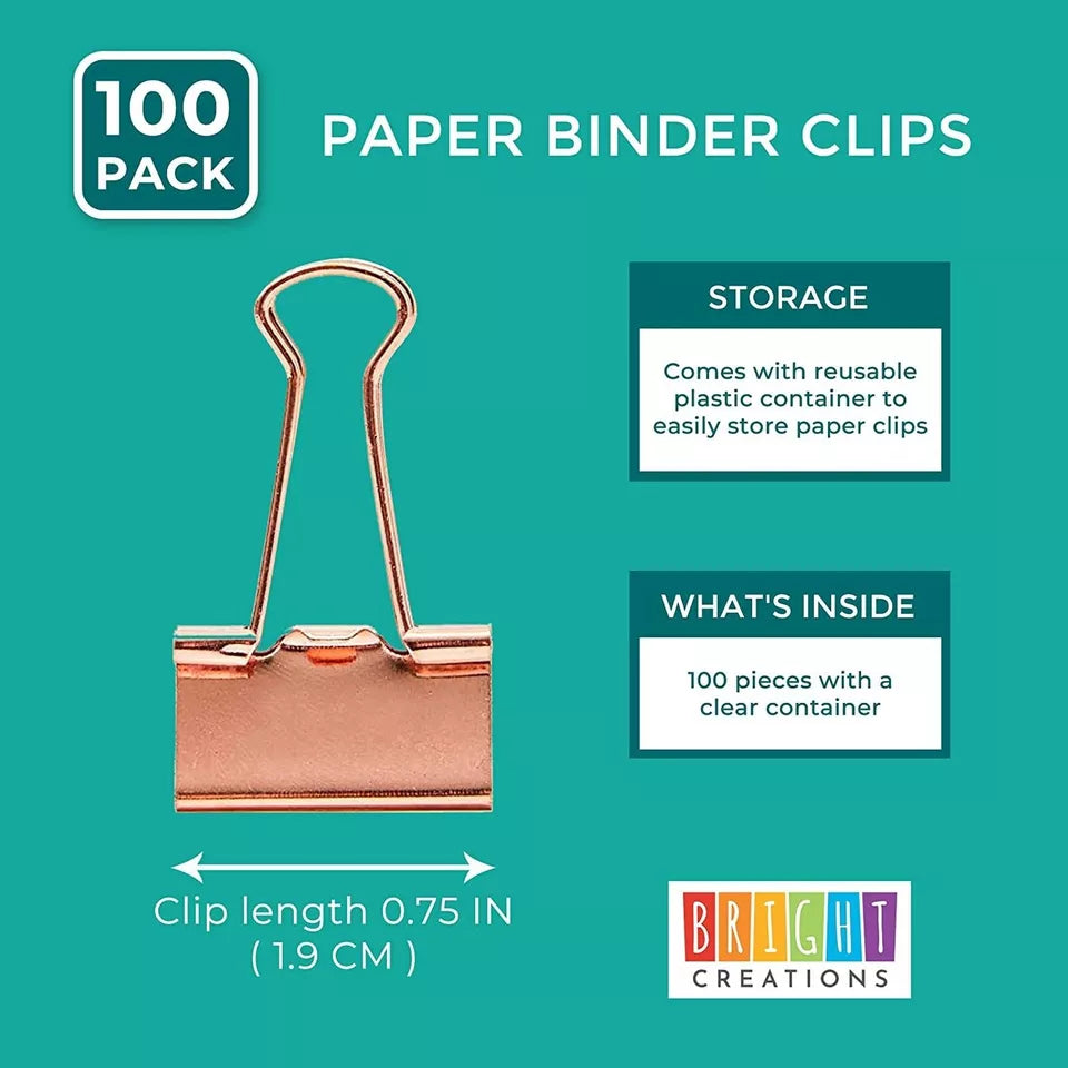 100 Pack Small Rose Gold Binder Clips - 3/4 Inch