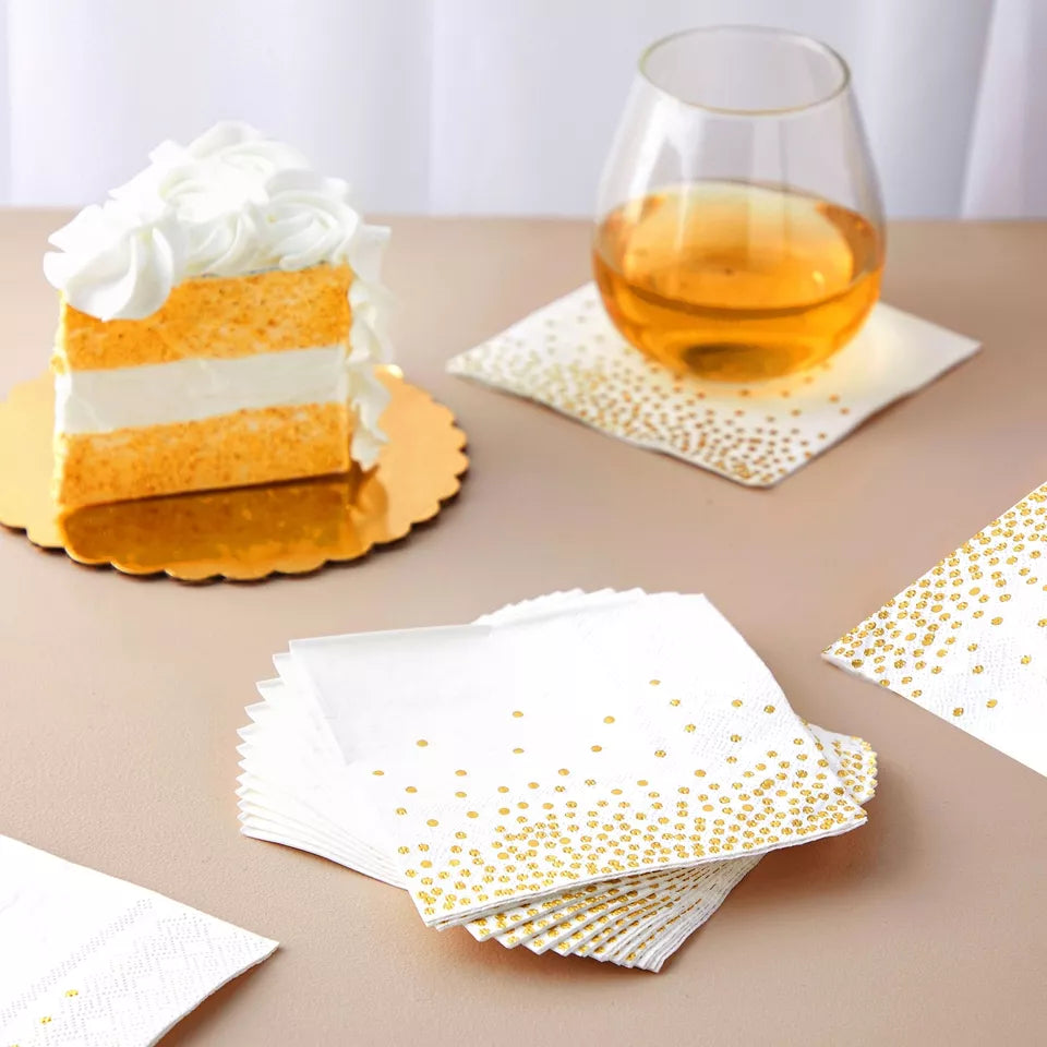 100 White and Gold Paper Cocktail Napkins - 5 in, Disposable Party Napkins