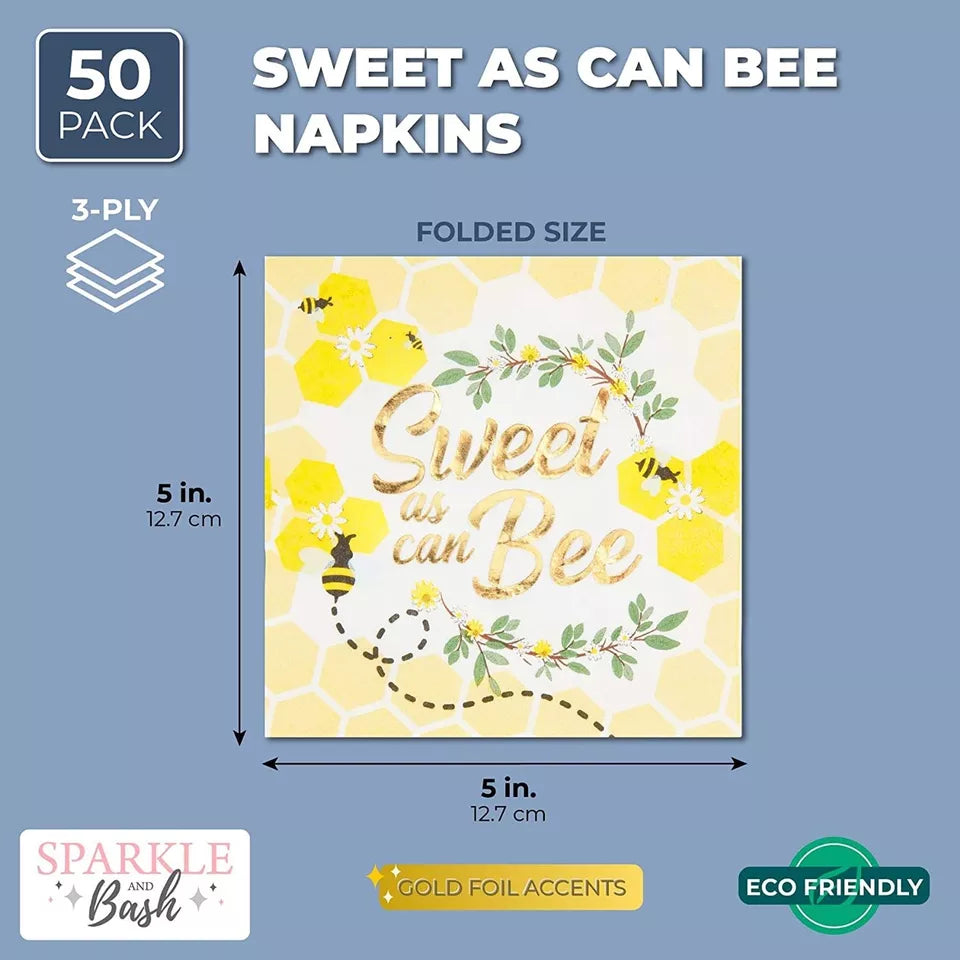 50 Bee Paper Napkins, Bumblebee Baby Shower Sweet As Can Be Birthday Party Gold