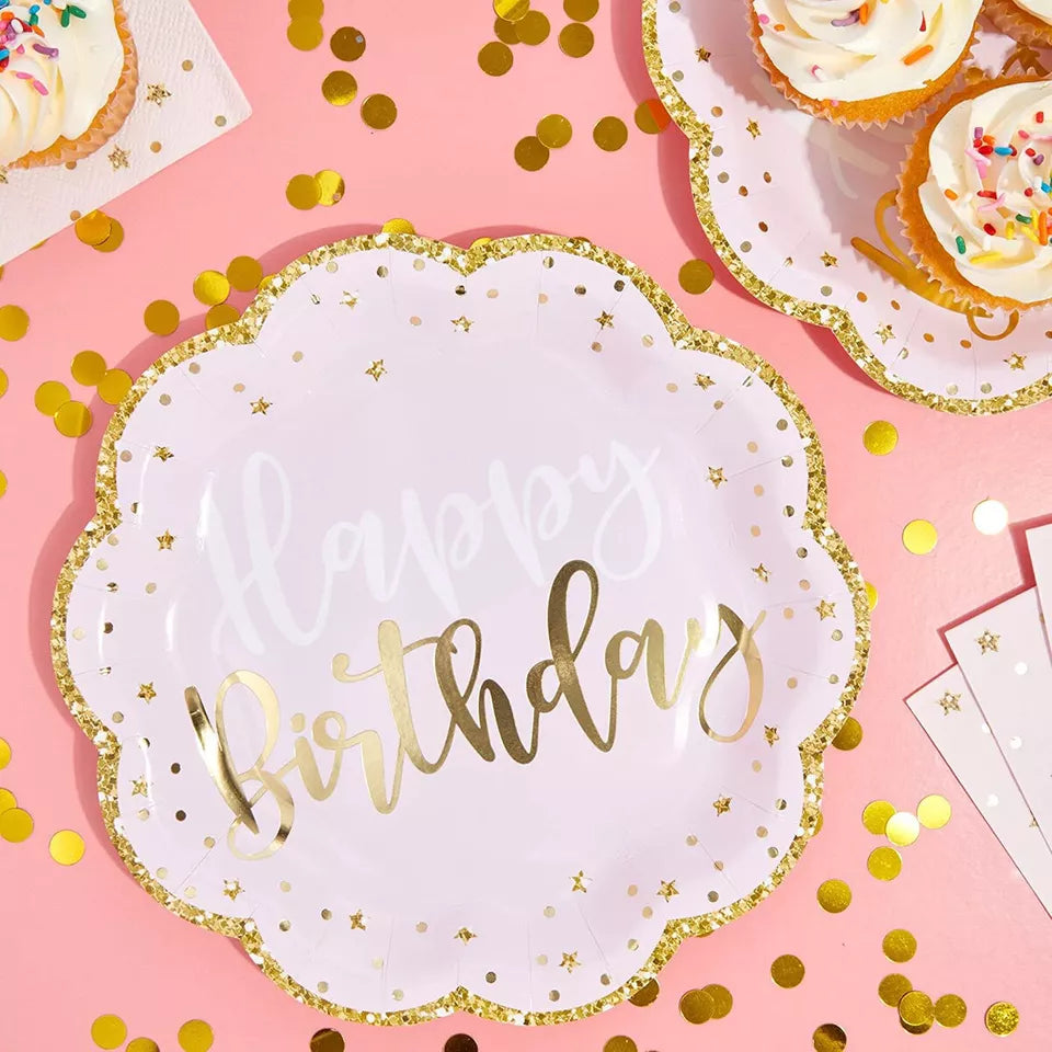 48 Pack Pink Happy Birthday Party Paper Plates with Gold Glitter Edges, 9 In