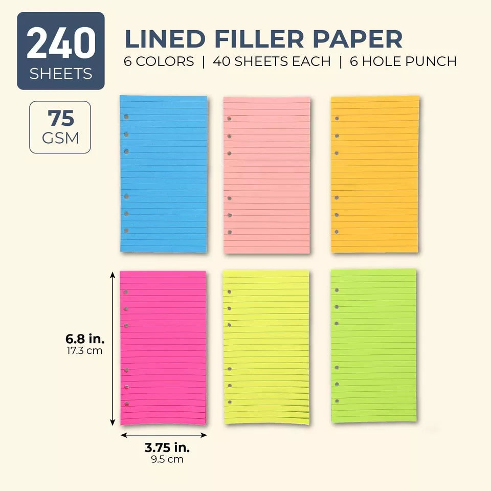 6 Pack 6-Hole Ring Punch Lined Filler Paper - 40 Sheets Each, 6.8 x 3.75", Neon