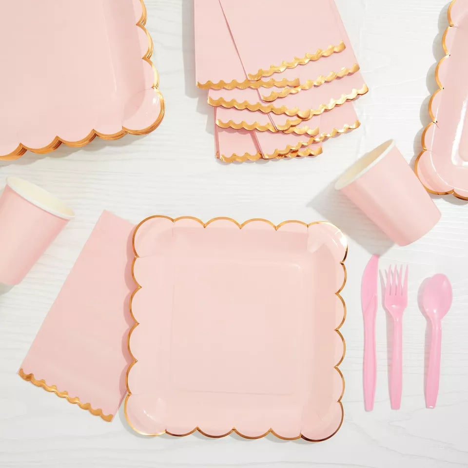 50 Pack Pink Paper Napkins - Scalloped Gold Foil Edges, 4 x 8 in, for Party