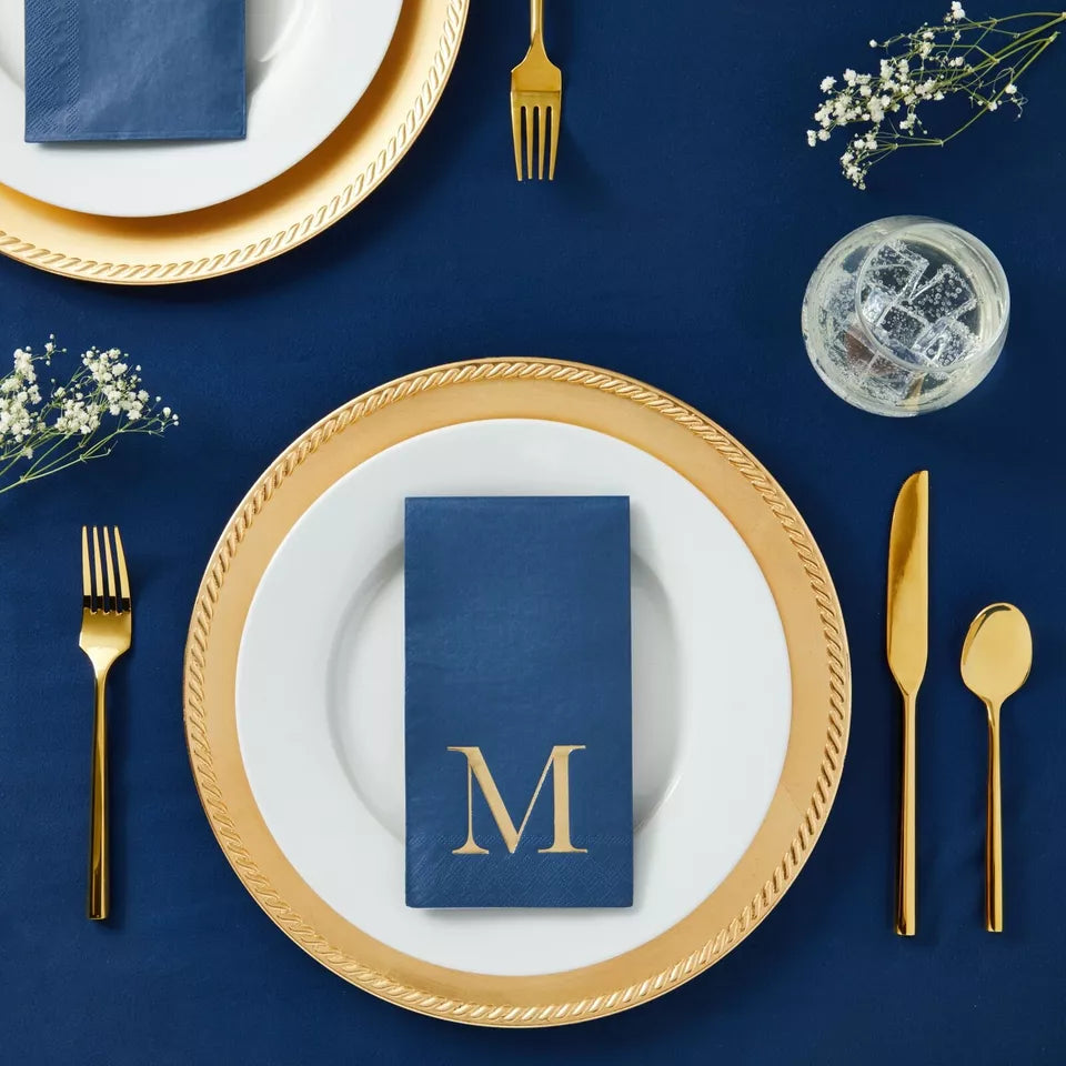 100 Pack Navy Blue Gold Foil Initial Letter M Monogram Napkins for Wedding 4x8"