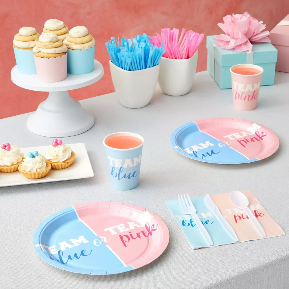 144 Piece Gender Reveal Party Supplies Dinnerware, Team Boy, Team Girl,Serves 24