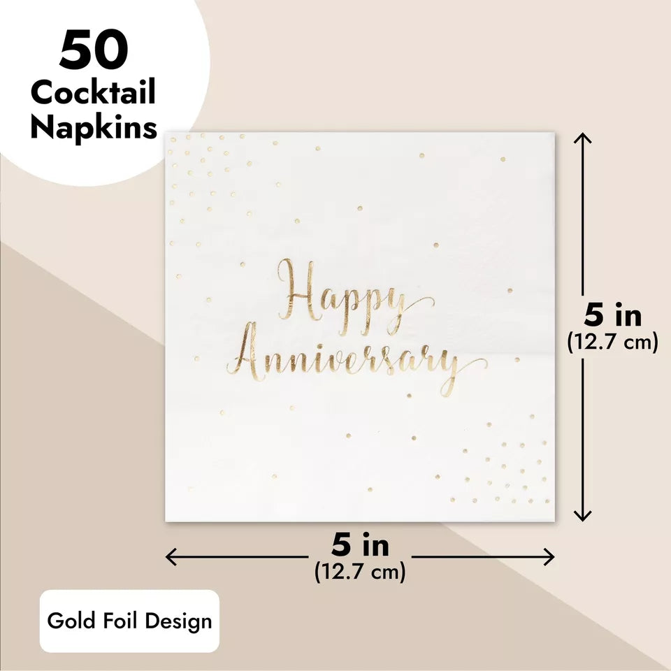 50-Pack Cocktail Napkins - Happy Anniversary Printed in Gold Foil Confetti