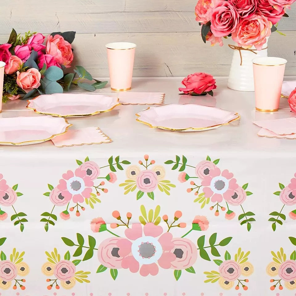 3-Pack Pink Floral Plastic Tablecloths - 54 x 108 Inches, for Wedding