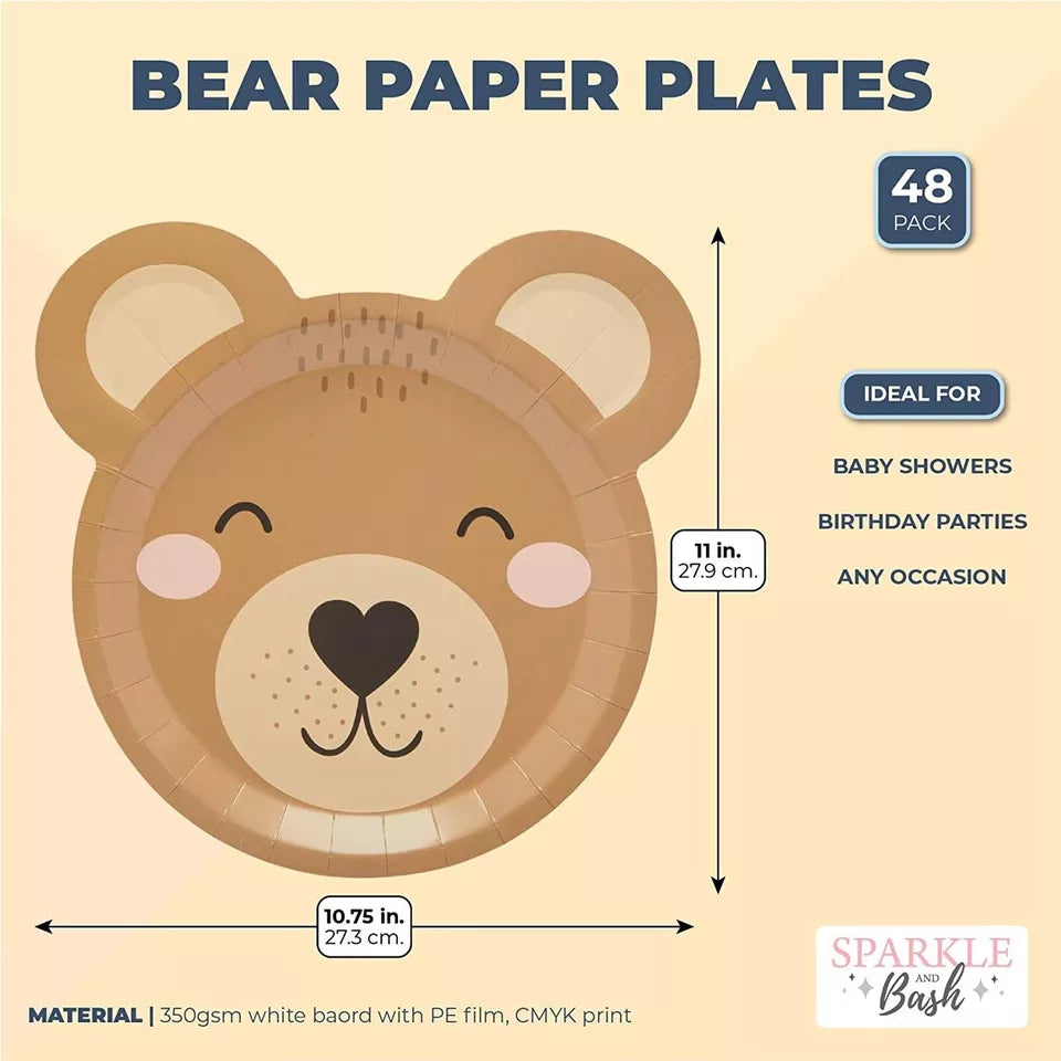 48-Pack Teddy Bear Paper Plates for Baby Shower Decorations, 11x11 in