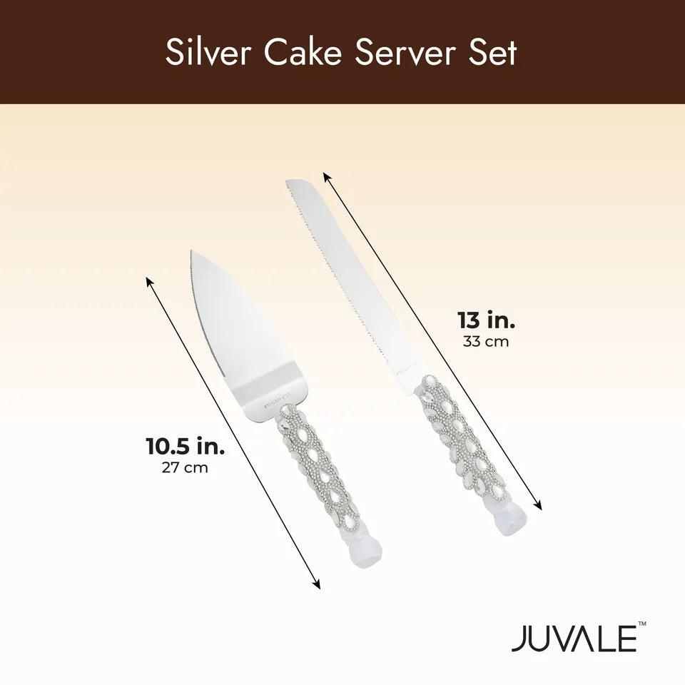 Silver Cake Cutting Set - Knife and Server with Crystals and Ribbon