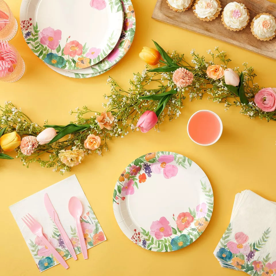 Floral Tea Party Supplies, Flower Plates, Napkins, Cups, and Cutlery, Serves 24