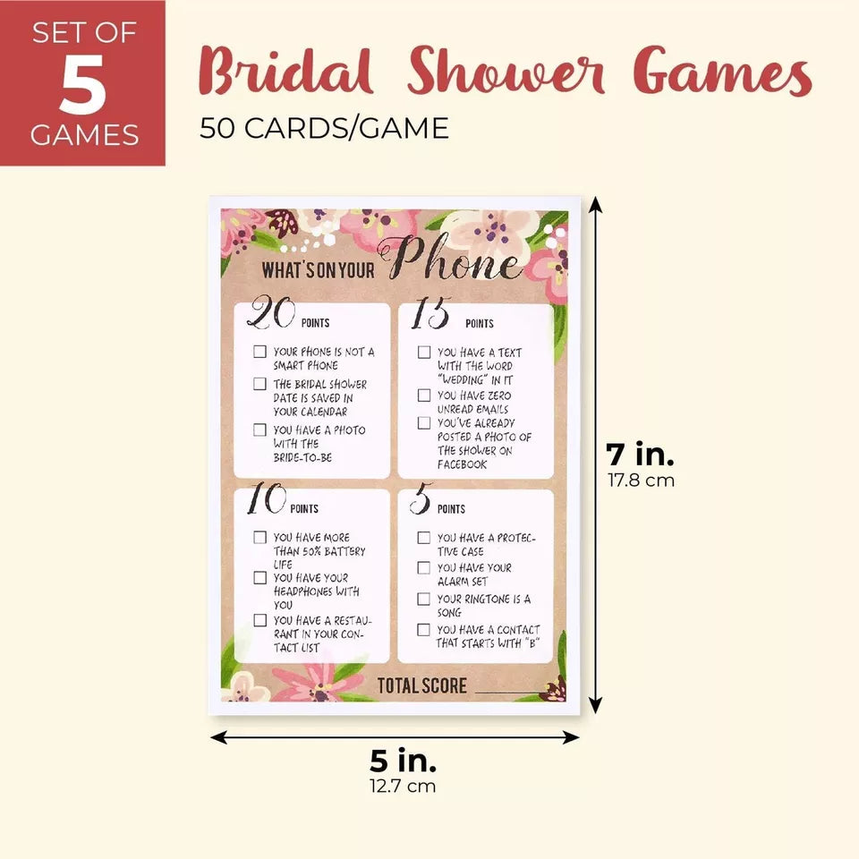 5 Bridal Shower Games - For Engagement, Bridal, Wedding Parties, Serves 50 Guests