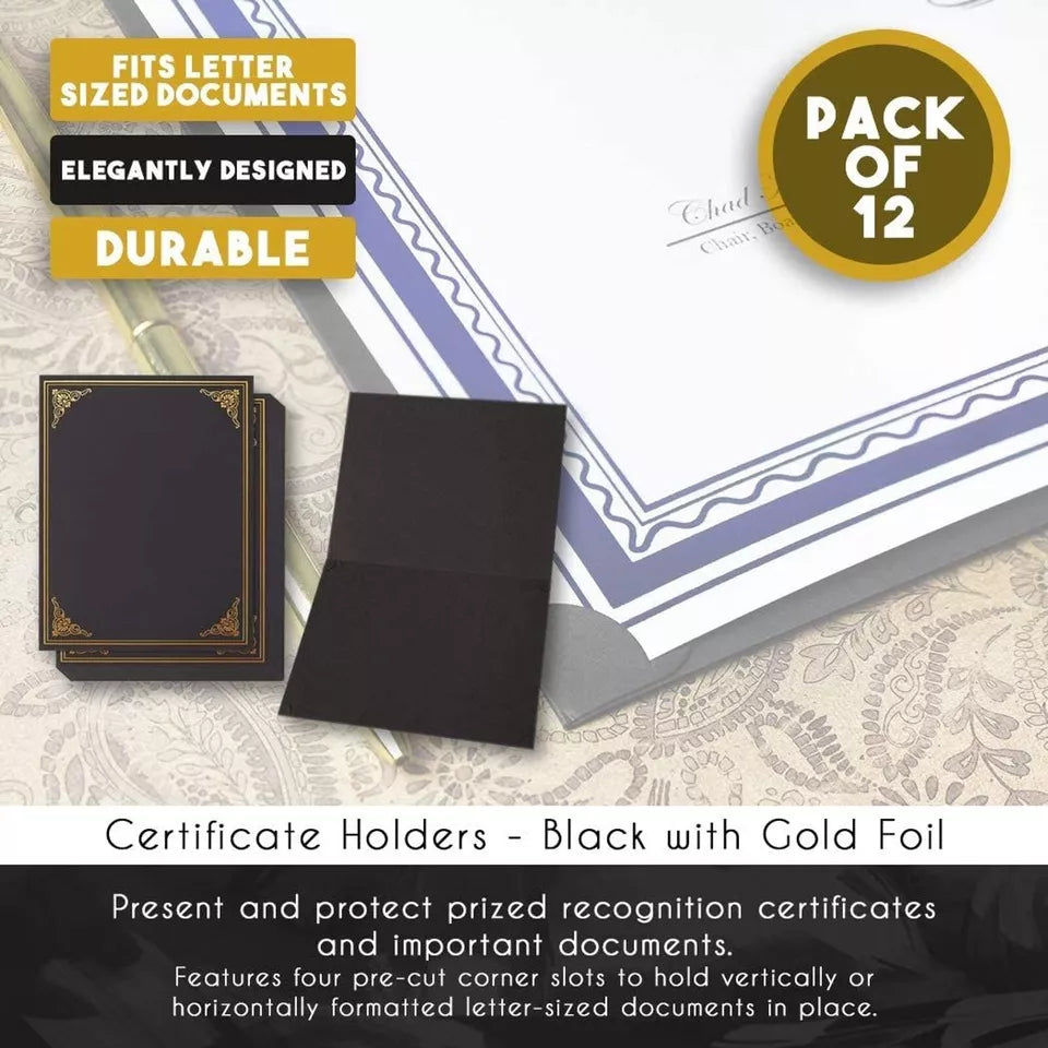 12-Pack Black Certificate Holders - Use as Award, Diploma Cover, Letter-Size