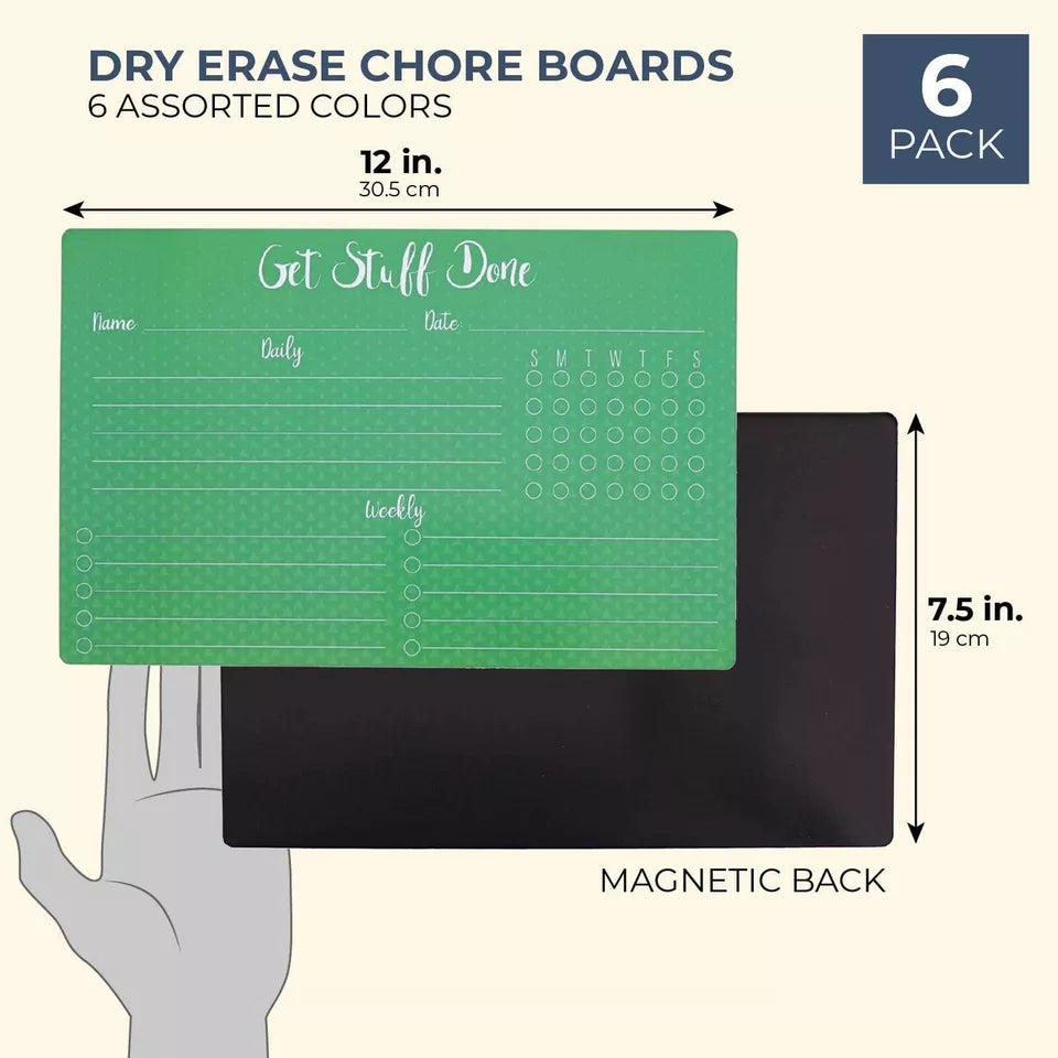 6 Pack Dry Erase Chore Chart for Kids Adults in 6 Colors, Weekly Daily 12x7.5”