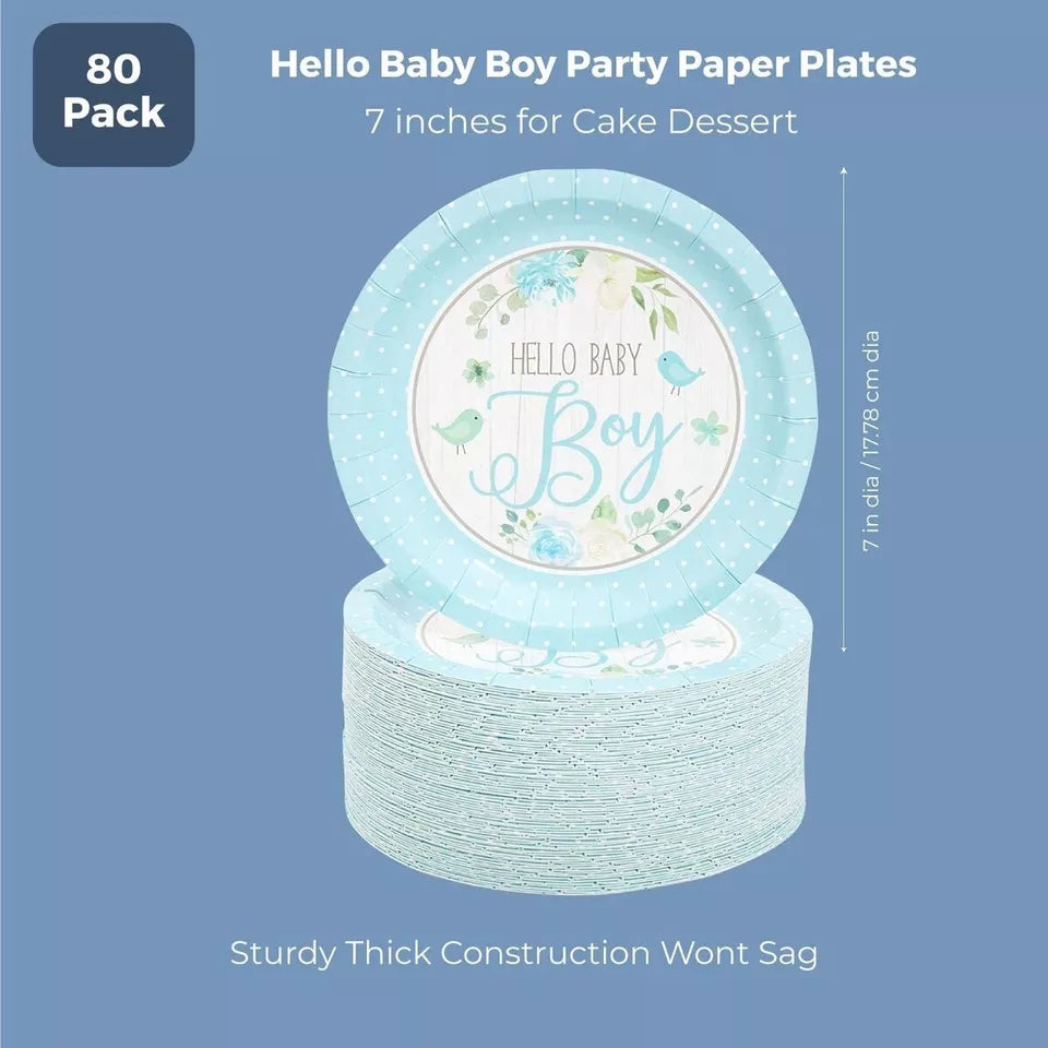 80Pcs Hello Baby Boy Disposable Paper Plates 7" for Baby Shower Cake Dessert