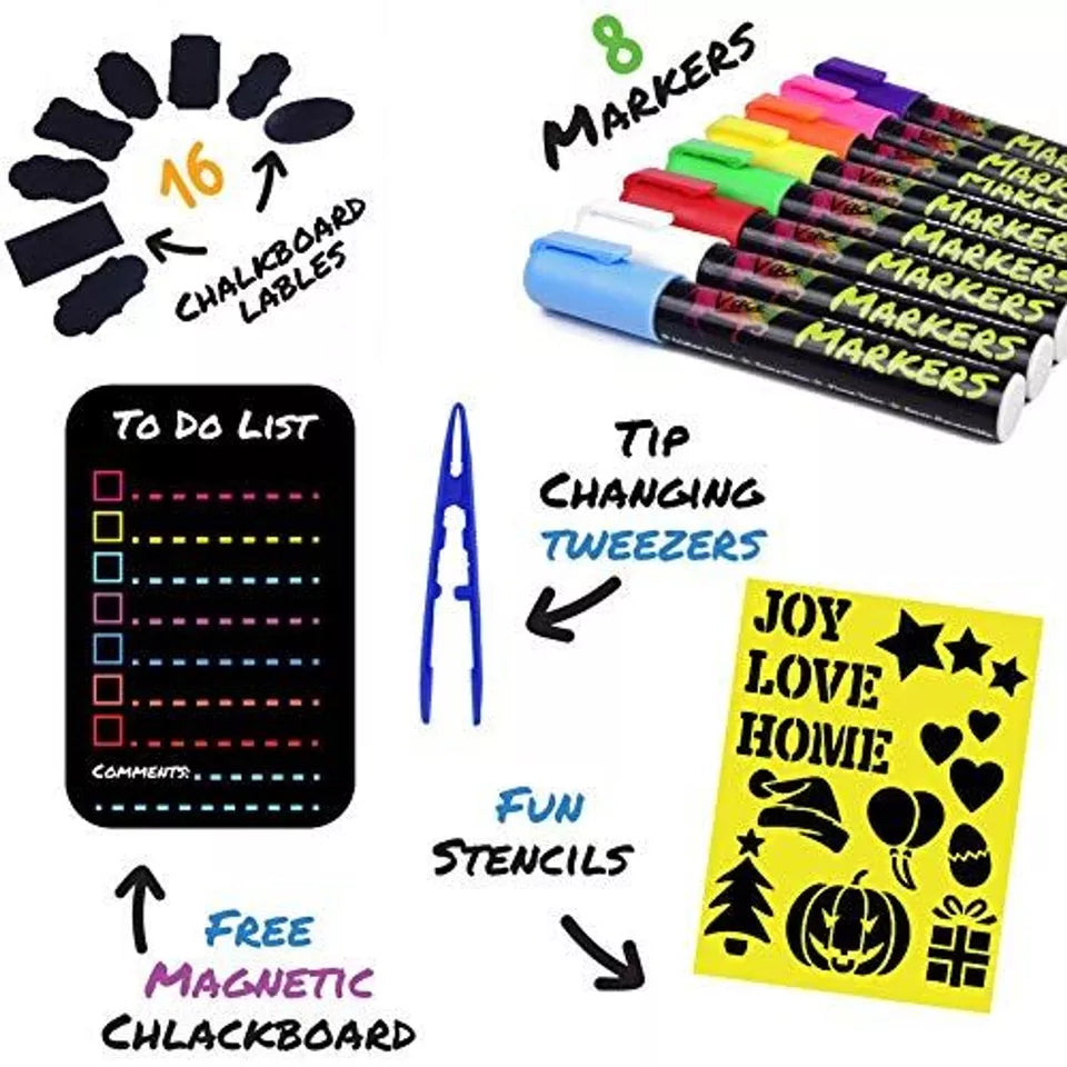 8 Multicolored Liquid Chalk Markers - Includes Magnetic Blackboard, Stencils, and Labels