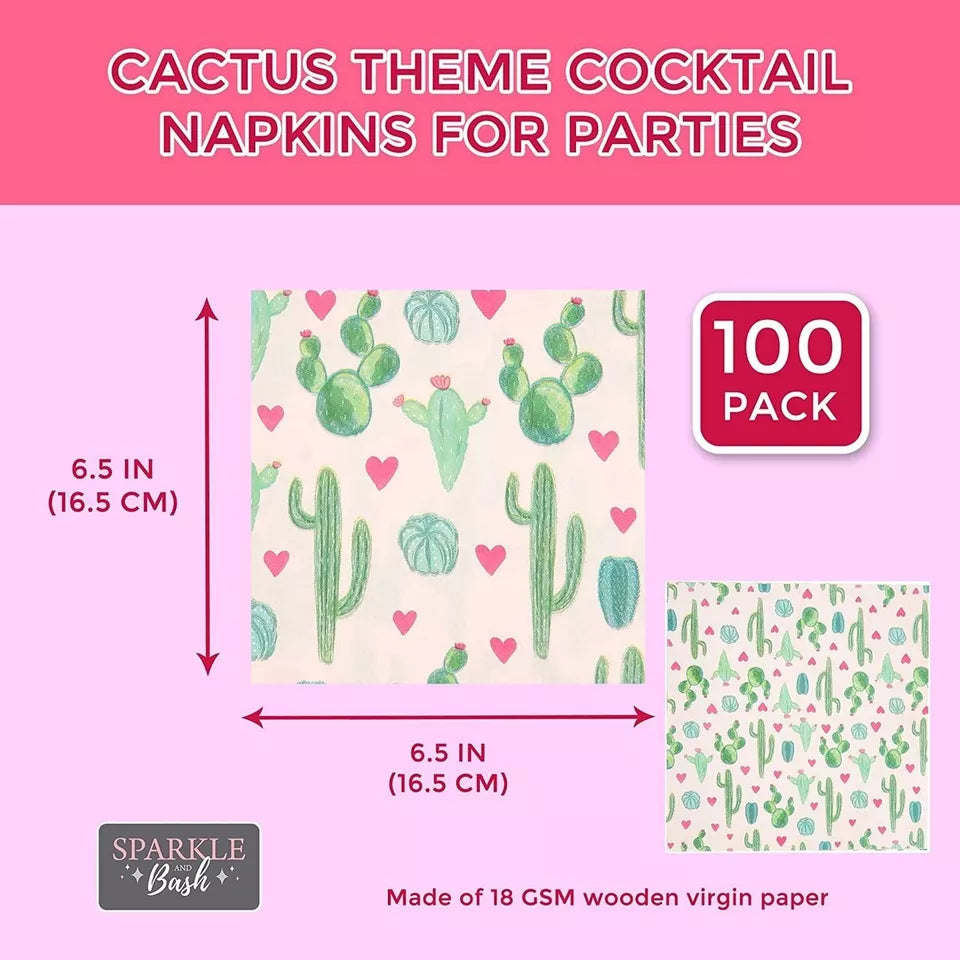 100 Cactus Fiesta Theme Paper Napkins - 6.5 in, for Birthday Decorations