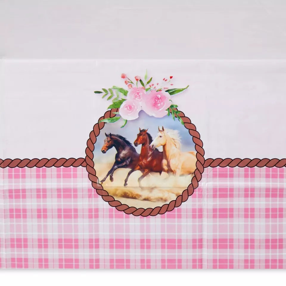 3 Pack Plastic Pink Horse Tablecloths for Cowgirl Birthday Party (54 x 108 In)