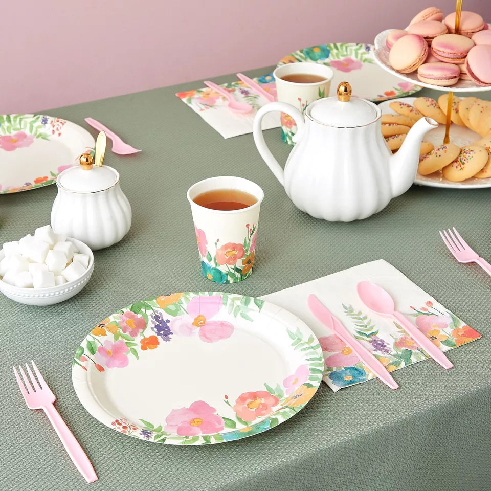 Floral Tea Party Supplies, Flower Plates, Napkins, Cups, and Cutlery, Serves 24