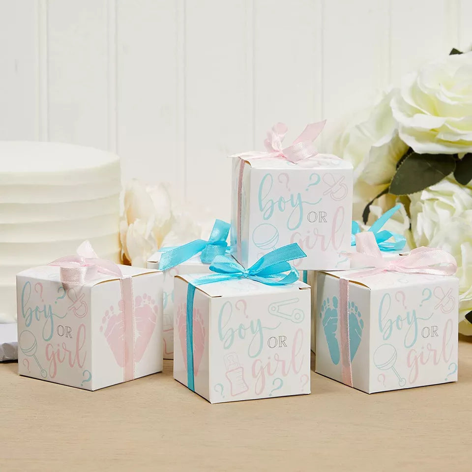 Boy or Girl Gender Reveal Party Favor Boxes with Ribbons (50 Pack)