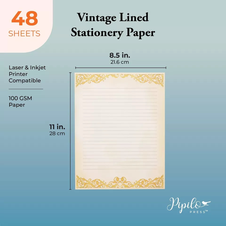 48 Pack Vintage-Style Stationery Paper, Classic Gold Border, 8.5x11"