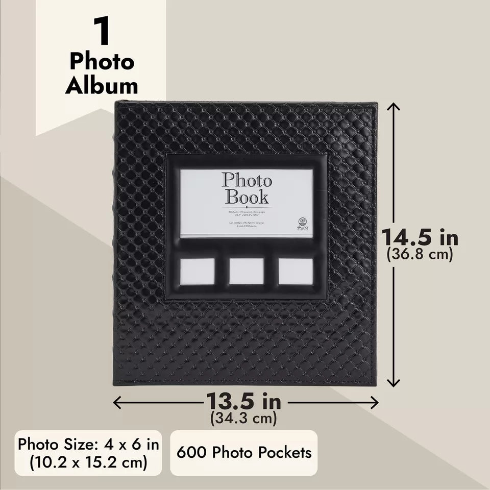 Faux Leather Wedding Photo Album, 600 Pockets for 4x6 Inch Photos (14.5 x 13.5")