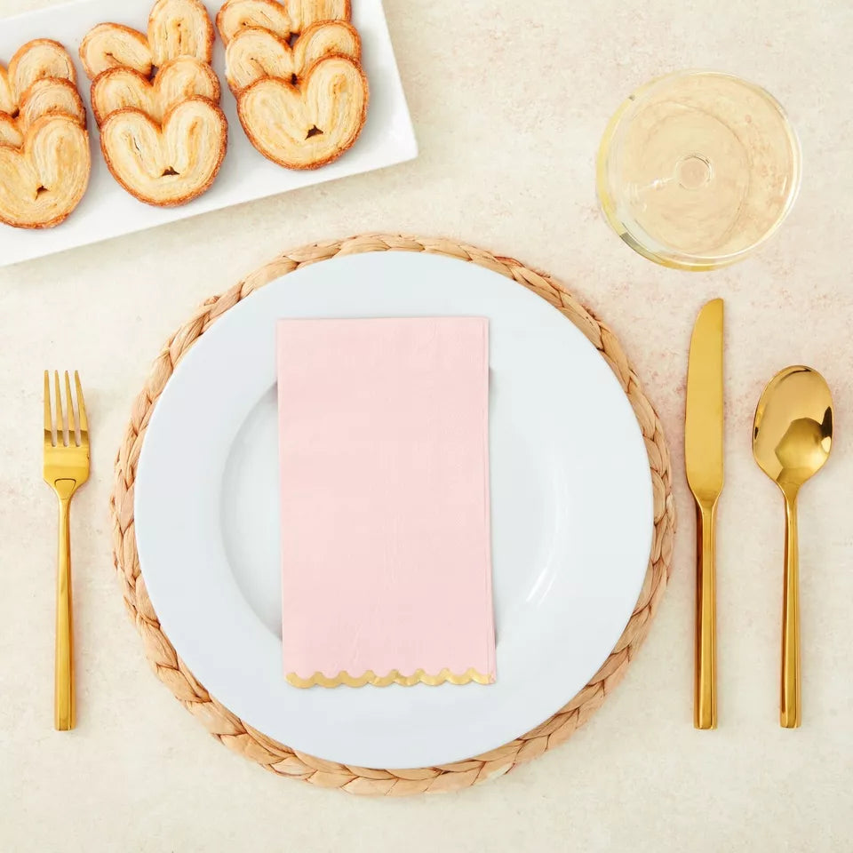 50 Pack Pink Paper Napkins - Scalloped Gold Foil Edges, 4 x 8 in, for Party