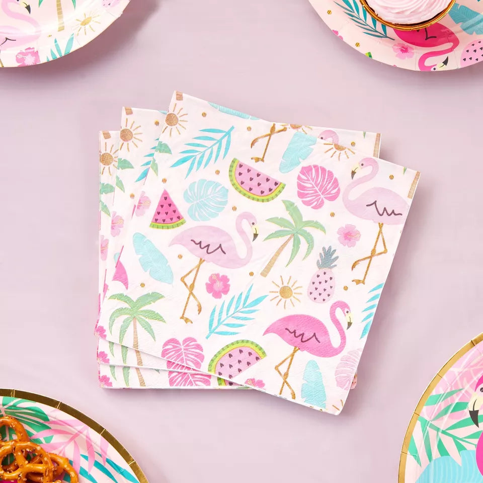 100x Party Paper Flamingo Cocktail Napkins for Tropical Luau Birthday Supplies