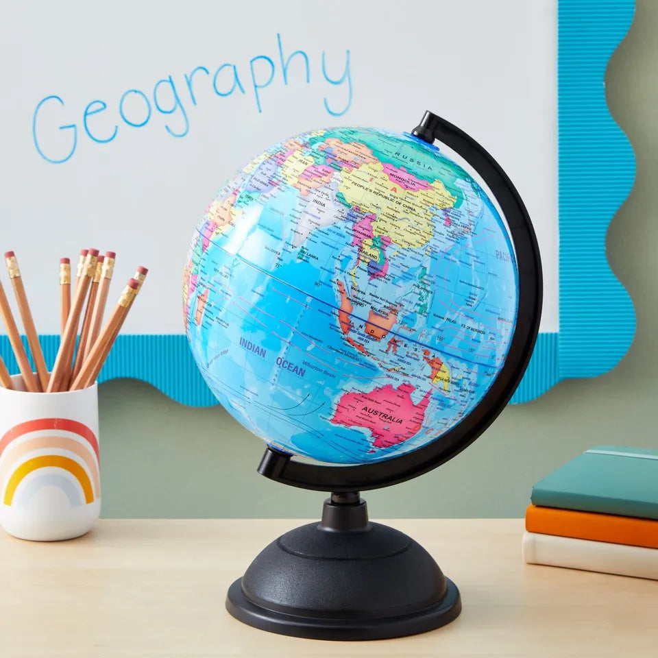 Spinning World Globe with Stand for Students Learning Geography (8 in)