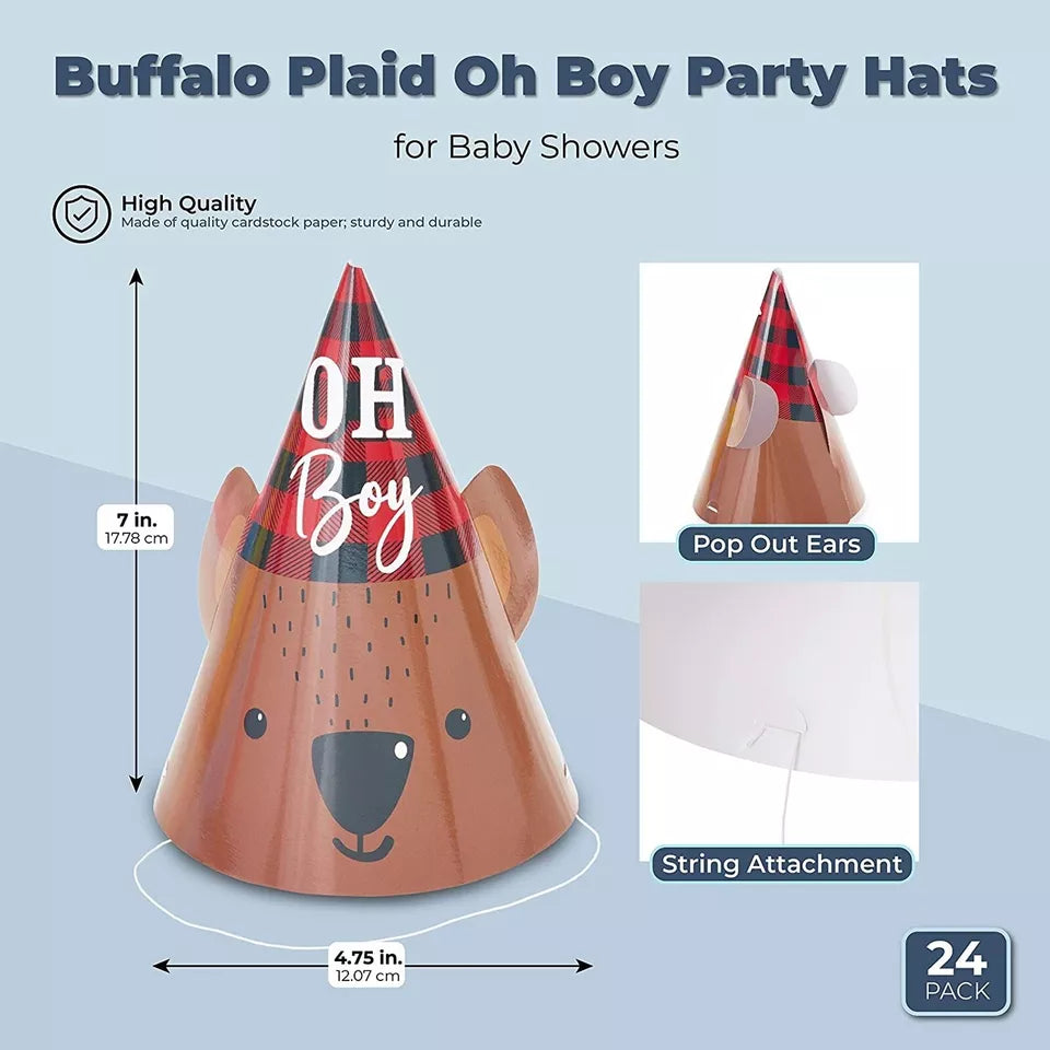 Buffalo Plaid Oh Boy Party Hats for Baby Showers (4.75 x 7 in, 24 Pack)