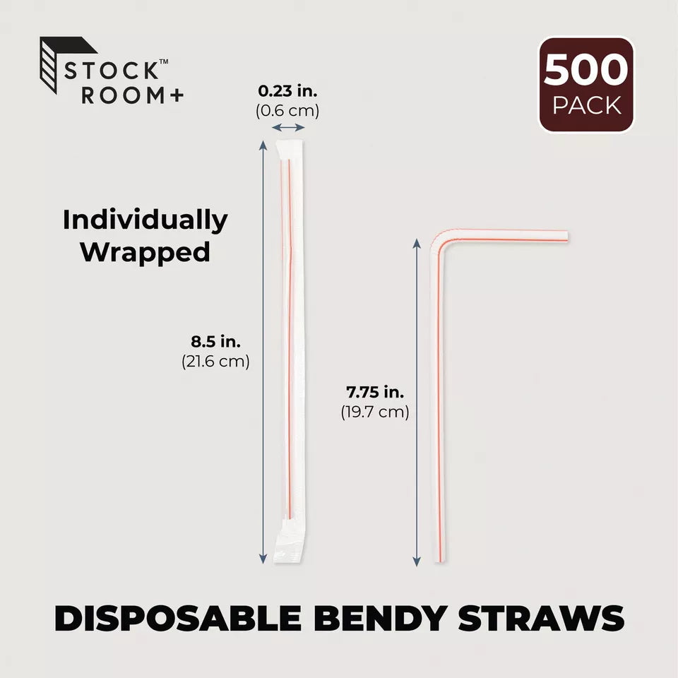 500 pcs Plastic Flexible Drinking Straws Striped Disposable Individually Wrapped