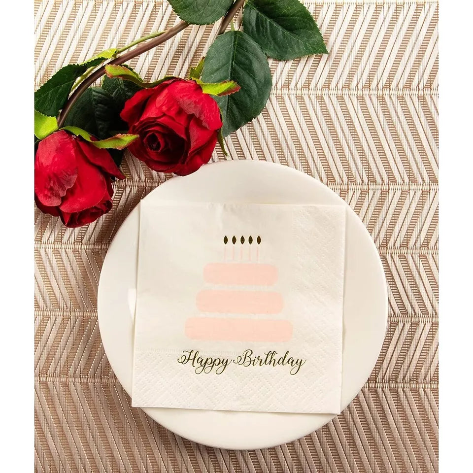 100-Pack Disposable Cocktail Napkins Happy Birthday Cake with Gold Foil Print 5"